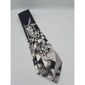 LOONEY TUNES SILK TIE Taz Bugs Bunny Daffy Warner Bros CHESS BLACK AND WHITE